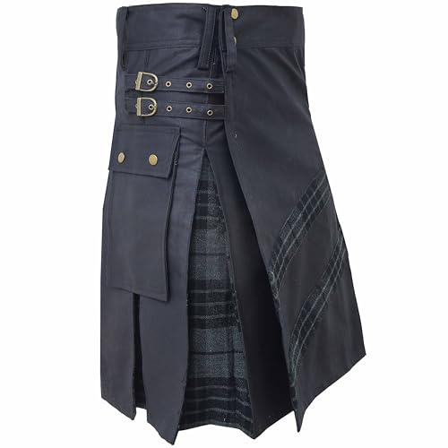 Kilts utilitaires pour hommes - Kilt utilitaire hybride moderne traditionnel écossais Tartan - Kilt en coton noir sangle ajustable, Kilts pour hommes, Belly Button - 32 Inches