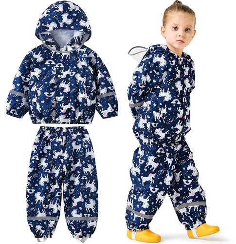 Baogaier Kids Rain Suit Girls Lightweight Waterproof Jacket and Trouser Set Hooded Windproof Mesh Lining Raincoat & Pants 2 Pieces Sets Hiking Outdoor Rainwear Age 6-7 Years, Navy Horse