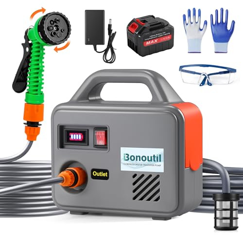 Bonoutil 21V Battery Powered Water Pump 240GPH Cordless Water Transfer Pump Battery Operated with Garden Hose Nozzle 7 Spray Modes for Watering Car Washing Tub Fish Tank Inflatable Pool (Grey)