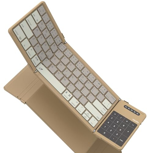 Nillkin Foldable Bluetooth Keyboard Folding with Touchpad & Number Pad, Portable Wireless Full Size Travel Keyboard with Trackpad for PC Laptop iPad Tablets Smartphone, Silicone Leather Cover, Khaki