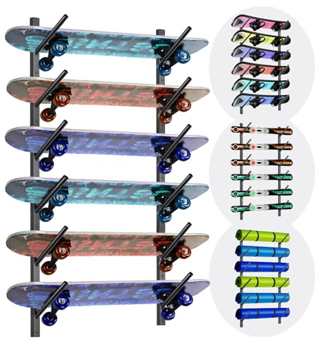DEYOFA Skateboard Wandhalterung, Skateboard Halterung, Snowboard Wandhalterung, Snowboard Halterung Wand, Ski Wandhalterung – 6-Stockige Halterung, Abnehmbar oder Kombinierbar