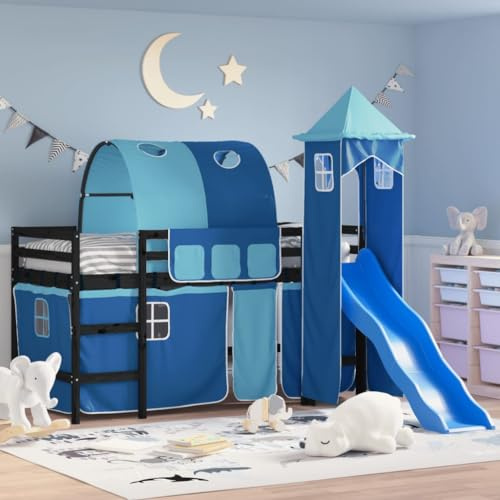 Qnhdfrt Kinder Hochbett mit Rutsche und Vorhang Set aus Kiefern Massivholz 80x200 cm Schwarz Blau Spielbett mit Sicherheitsgeländer und Stauraum für Kinderzimmer