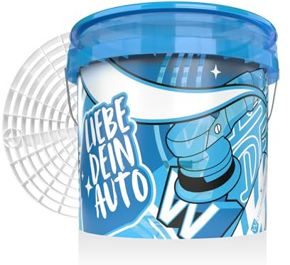Waschhelden Auto Wascheimer Set mit Sieb und Deckel | 12l Autowascheimer Blau/Weiß mit Gitter zur Schmutzfilterung | Eimer für die Autowäsche | Auto Putzeimer