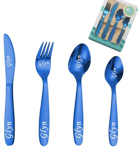 custyoulife Custom Engraved Cutlery Set, 1 Set of 4 Pieces, Stainless Steel, Modern, Rainbow, Flatware, Personalized Adult Cutlery Set, Fork, Knife, Spoon, Teaspoon (Blue Children's Cutlery)