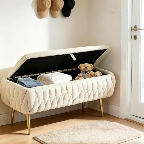 TerraVibe Hocker mit Stauraum, Pouf mit Stauraum, Flurbank, Sitzbank Stauraum, Aufbewahrungsbank, bis 300 kg Belastbar, Hockerbank für Wohnzimmer, Flur, Schlafzimmer (Weiß)