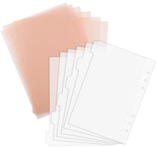 12 Pcs A5 Binder Dividers, 6 Holes Clear A5 Binder Inserts Index with Tabs Insertable Plastic Index Divider Sheets 6 Rings Planner Dividers Page for Notebook Journal Diary Memo Notepad (Pink, White)