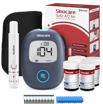 Sinocare Safe AQ Air Blutzuckermessgerät, einfaches und großartiges Blutzuckertest-Set mit Bluetooth und App, mit 100 Teststreifen und Lanzetten, in mg/dl