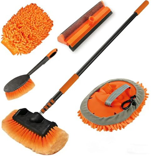 LAANPOLE Brosse Nettoyage Voiture avec Perche Telescopique 4,8m, Brosse Lavage Voiture avec Brosse Douce, Serpillière en Microfibre, Raclette Vitre, Gant, Brosse Jantes pour Camping-Car, Camion