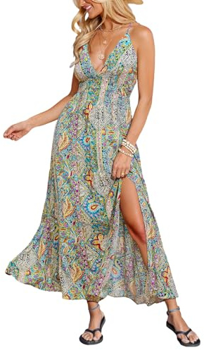 CUPSHE Maxi abito estivo da donna 2026 senza maniche lungo prendisole con spalline sottili fluido boho da spiaggia per vacanze, Verde e rosso., S