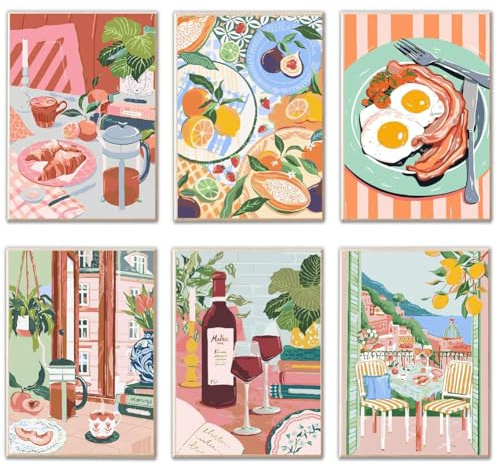 KMFASVX Pintar por Numeros Adultos,6 Piezas de Comida y Paisaje DIY Pintura por Números, Kit de Pintura al óleo de Lienzo DIY para con Pinceles Sin marco