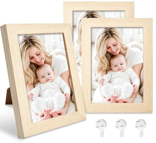 FALSKT 3PCS Cornice Foto 13x18cm Cornice Legno in MDF Portafoto da Tavolo Cornici Foto con Vetro Acrilico Cornici in Legno per Foto Soggiorno Camera da Letto,3PCS Ganci Adesivi Per Quadri