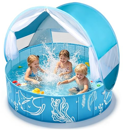 colmanda Piscina para Bebé 4-en-1 Pop Up Grande, 120x30 cm Piscina de Bolas Bebe con Techo, Tienda de Playa Bebé Portátil con Mosquitera, Protección UV SPF50+, para Jardín Playa Picnic