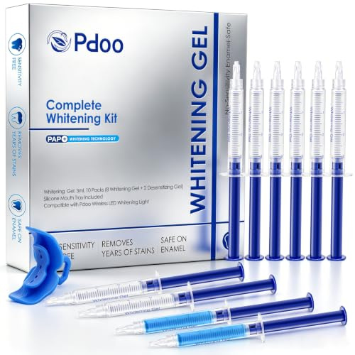 Teeth Whitening Gel 10 Pack with Silicone Mouth Tray - Whitening Gel 3ML*8 and Desensitizing Gel 3ML*2 - Sensitive Teeth Friendly Formula, Removes Coffee & Wine Stains, At-Home Use with Shade Guide