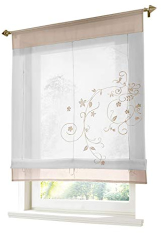 BAILEY JO 1er-Pack Raffrollo mit Tunnelzug Blumen Stickerei Gardinen Transparent Voile Vorhang (BxH 80x100cm, Sand)