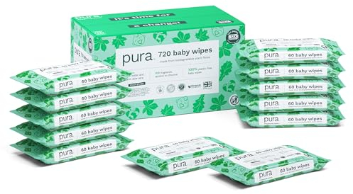 Pura Salviette Neonato, 720 Salviette (12 x 60 Salviette), 99% Acqua, 100% Senza Plastica, Adatte per Pelle Sensibile e Senza Profumo, Aloe Vera, Neonati, Biodegradabili, Vegan