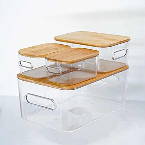 Basket with bamboo lid,basket, Storage Bins with lid ,Storage box ,Clear Plastic Organizer Bins with bamboo Lids for Home Office, Kitchen,Cupboard, Pantry Shelves, Medicine Cabinet -3 size -4pcs