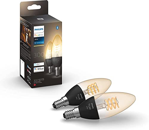 Philips Hue White E14 Kerze Doppelpack Filament 2x300lm, warmweißes Licht, dimmbar, steuerbar via App, kompatibel mit Amazon Alexa (Echo, Echo Dot)
