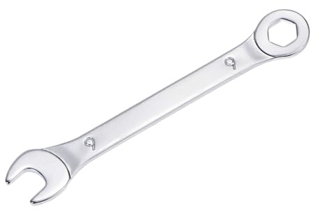 sourcing map Llave combinada delgada con extremo acodado de 6 puntas y extremo abierto en ángulo, sistema métrico de acero al carbono cromado espejo, 9 mm