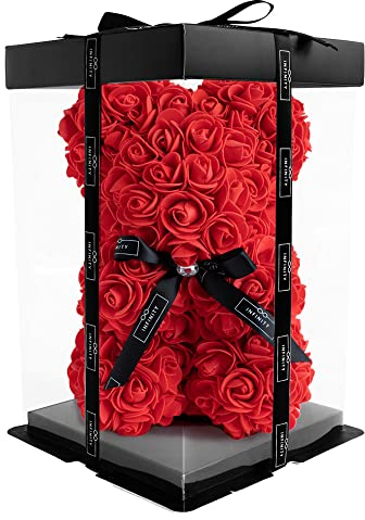 Infinity® Rosenbär Rot 25 cm – Handgefertigter Bär mit Geschenkbox & über 300 duftenden 3D-Rosen – Geschenk für Frauen, Geburtstag oder Jahrestag