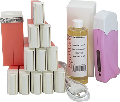 EpilWax - Complete Solo Hair Removal Kit with: 1 professional hair removal wax heater - 12 Pro Rose wax roll-ons of 100 ml, 100 hair removal strips, 250 ml after hair removal oil