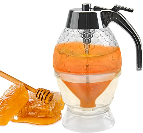 WOKICOR Honigspender, Einfülltrichter Ölessigflasche Ausgießer, Honigglas, Sirup Spender Honigtopf, Honigspender Tropffrei Glas für Honig, Flüssigkeit, Öl, Marmelade (200 ml)