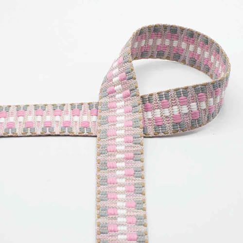 3 Meter Taschenriemen/Gurtband mit Ethno Musterung - 4 cm Breite, Rosa Grau