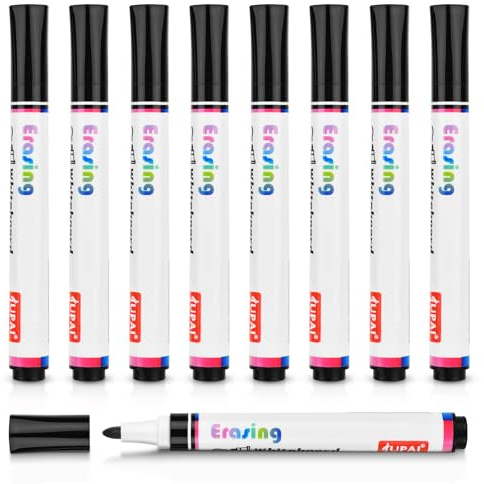 OFFCUP Pennarelli Gesso Liquido, 8 Pennarelli Lavagna Cancellabili a Secco per Lavagna Bianca a Secco E Gomma per La Scuola, L'ufficio e La Casa, Nero