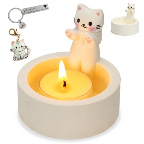 Teppellze Portacandele a forma di gatto con gattino in stile cartone animato, con zampe riscaldanti, in gesso fatto a mano, decorazione per la casa, regali per gli amanti dei gatti, con portachiavi in