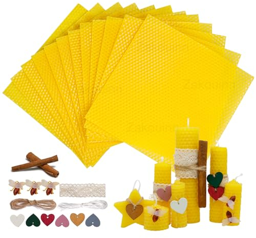 Zakouinn Bienenwachs-Kerzenherstellungsset für Kinder - 12 leuchtende Farben, Bienenwachsblätter zur Kerzenherstellung, Bienenwachskerzen-DIY-Kit für Erwachsene (Natürliches Gelb)