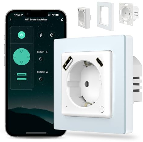 MIUCDA Wlan Schuko Steckdose mit USB Und Typ C PD 20W Schnellladegerät, Smart Unterputz System 55 Wandsteckdose mit Strommessung, Timer, Sprachsteuerung kompatibel mit Alexa/Google Home