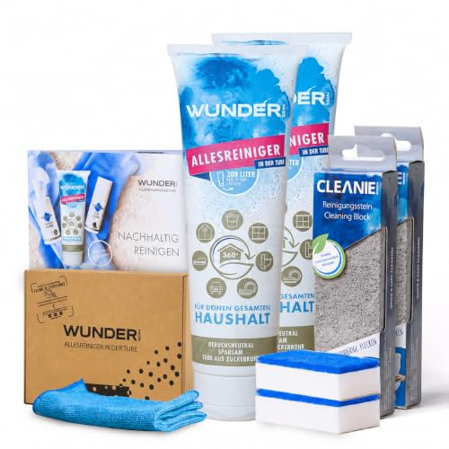 WunderRein - Allzweckreiniger, bis zu 200 Liter kraftvolle Reinigungslösung, Geruchsfrei Reinigungsset, Universalreinigung Putzmittel, (2x Wunderrein, 2x Stein, 2x Zauberradierer, 1x Mikrofasertuch)