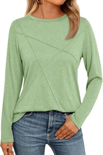 NAIOSS Women's Tops Elegant Long Sleeve Shirt Autumn Tshirt Cotton Casual Tunic(LightGreen/L)
