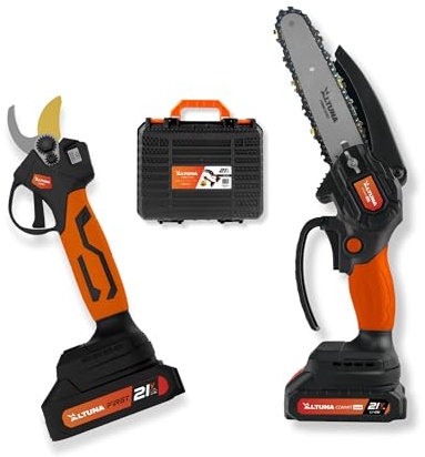 Altuna - Kit de Taille à Batterie en Titane - Tronçonneuse à Batterie + Sécateur Électrique - Inclut 2 Batteries 2Ah - Avec Chargeur et Ceinture Porte-Outils
