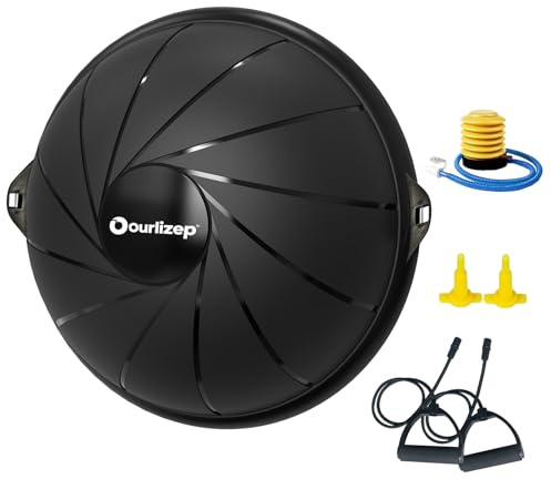 Ourizep Balance Ball upp till 300 kg | träningsboll | halvkula med expander och pump | halkfri | yogaboll för styrketräning | 60 cm