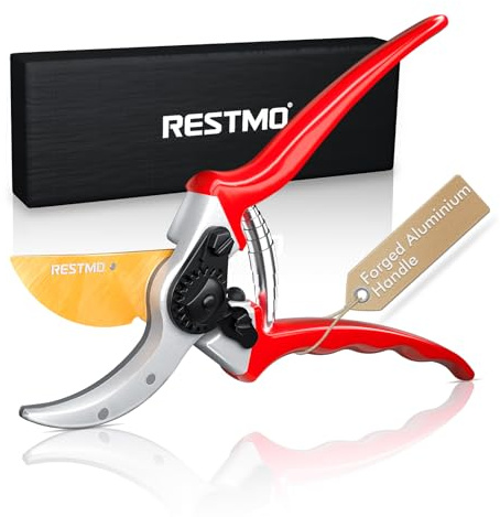 RESTMO 8.5” Garden Bypass Secateur, Heavy-Duty Pruning Shears, Premium Japanese SKS5 Steel Blade, Forged Aluminum Handle, Double Titanium Coating Blade, Garden Pruners for Branches, Stems, Shrubs
