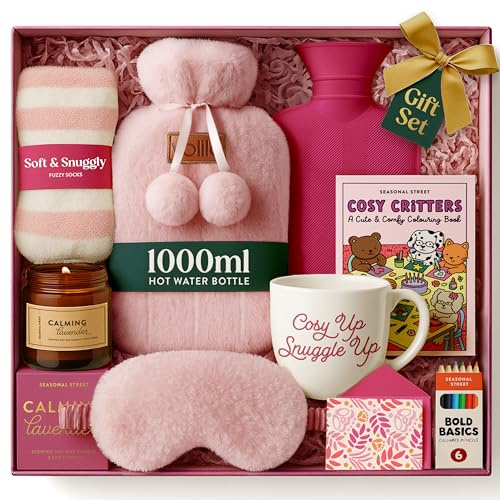 Coffret Cadeau Bouillote – Bouillotte eau Chaude Rose 1000 ml avec Chaussettes, Tasse, Bougie, Masque pour les Yeux et Livre de Coloriage avec Crayon