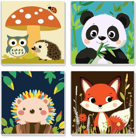 MXJSUA 4 Pack Cute Animals Paint by Numbers Kit with Framed Canvas for Ages 6-12 Kids, Panda Paint by Numbers Kits for Children Beginners, Acrylic Oil Painting for Home Wall Decor Gift (8x8 inch)