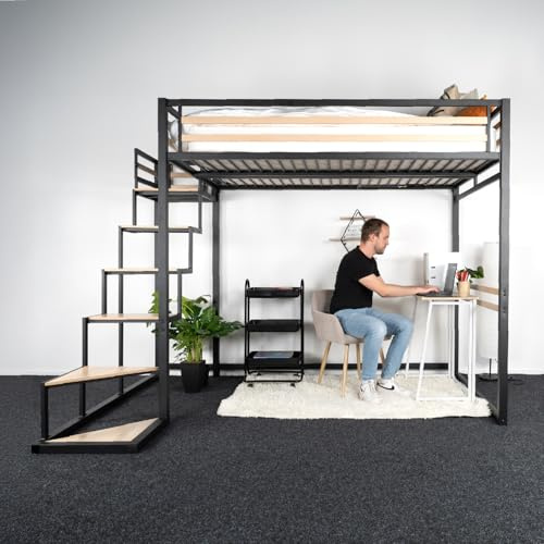 Meuble Cosy Lit Mezzanine avec Escalier, Lit Surélevé 140x200cm pour Chambre d’Enfant, Adolescent ou Adulte, Gain de Place, Structure Métal et Bois, Noir et Chêne