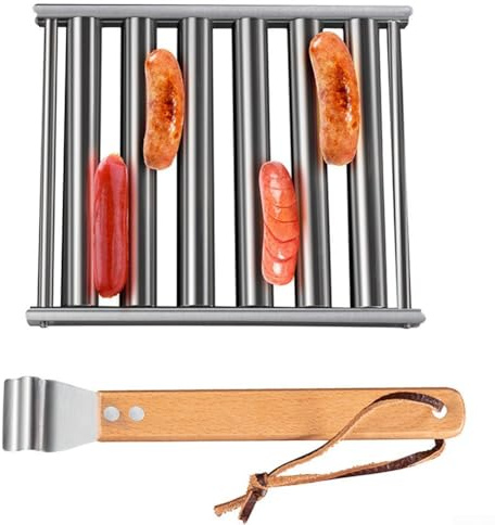 Stainless Steel Hot Dog Roller with Extra Long Wooden Handle for Comfortable Grip, Includes 4 Skewers, Designed for Even Cooking of Hot Dogs, Sausages, and Other Grilled Items (M)