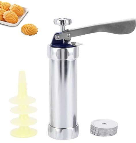 Cookie Press Maker Kit, Aluminum Alloy Detachable Biscuit Maker Biscuits Press with 20 Cookie Discs and 4 Piping Tips for Kitchen Baking