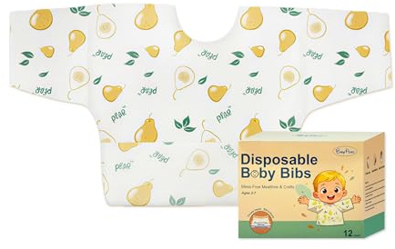 12 Count Disposable Baby Bibs – Individually Packaged, 4 Fun Styles, Soft Waterproof Feeding Bibs with Leak-Proof Lining & Crumb Catcher, for Boys & Girls, Travel, Arts & Crafts, Mealtime