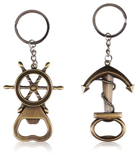 2 Piezas Llavero Abrebotellas Ancla Timon Barco, Llavero Abridor Botellas | Vintage Abridor de Botellas de Ancla y Timón Llavero, Multifuncional Sacacorchos, para Cocina, Club, Restaurante, Bar, Bronce