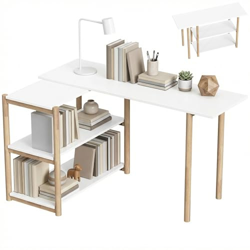 HOMCOM Computer Desk, Modern Writing Desk with Storage Shelves and Bamboo Frame, Easy Assembly Study Table for Home Office, Bedroom, 150 cm, White and Oak