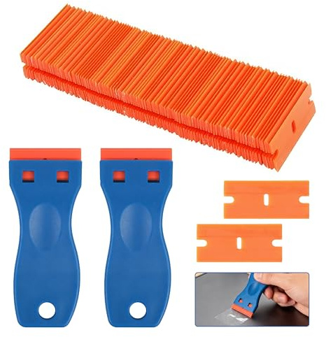 2 mini raspadores de plástico, espátula de plástico con 100 cuchillas de plástico, raspador de plástico para residuos de pegamento, desechos de pegamento, placa vitrocerámica, arañazos