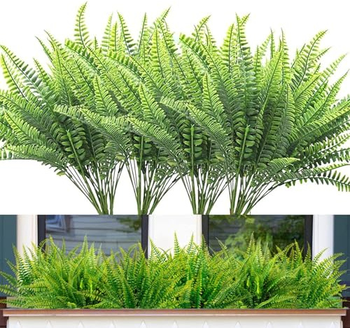 Titifeya 8 Bundles Artificial Boston Ferns Outdoor UV Resistant Fake Fern Plants Plastic Lifelike Greenery for Home Garden Porch Window Box Decor
