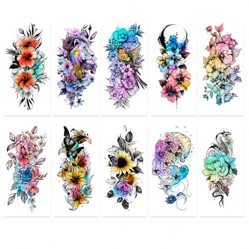 10 Feuilles Tatouages Temporaires Colorés, Faux Tatouage Manchette Fleur et Animaux, Tatouages Éphémères Réalistes et Imperméables, Autocollants Tattoo pour Femme et Homme, 9,6 x 19 CM