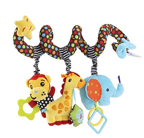 TOYMYTOY Baby Spiral Car Seat Toy, Plush Monkey Elephant Crib Hanging Rattles Sensory Activity Travel Toy for Stroller Bassinet Exercise Gym Newborn Essentials for Visual Auditory Development