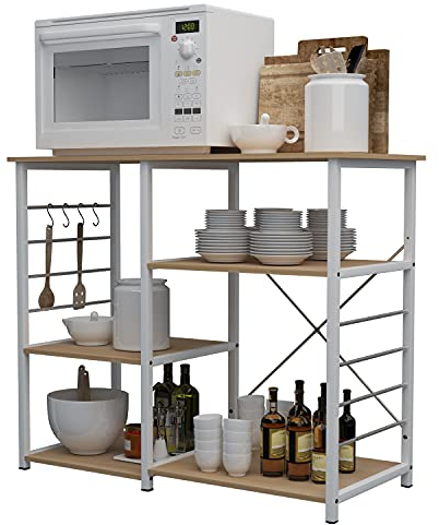 sogesfurniture Küchenregal Mikrowellenhalter, 3+3 Ablage Bäcker Regal Standregal Metallregal Stabil Haushaltsregal platzsparend Küchenregallagerung, Weiß Ahorn