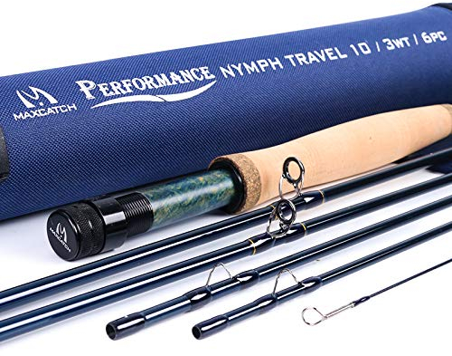 MAXIMUMCATCH Performance Nymph Fliegenrute IM 10 Kohlefaser, AAA+ Kork Handgriff mit Cordura Rutenrohr 4 Teile Fliegenfischen Rute in 2/3/4wt 10/11ft (Performance-Nymph Rute, Travel 3wt 10ft 6 Teile)