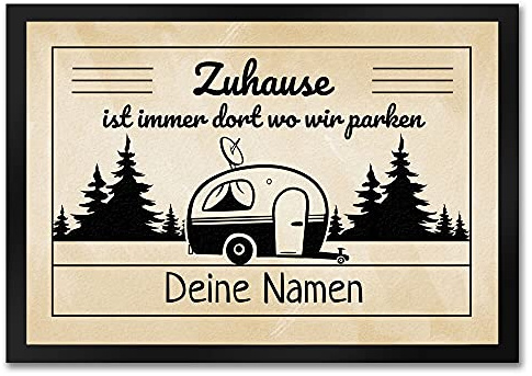 speecheese Zuhause ist Immer dort wo wir parken Fußmatte personalisiert mit deinen Namen - als Geschenk für Camping Urlauber und Deko für den Campingwagen in schlichtem Design